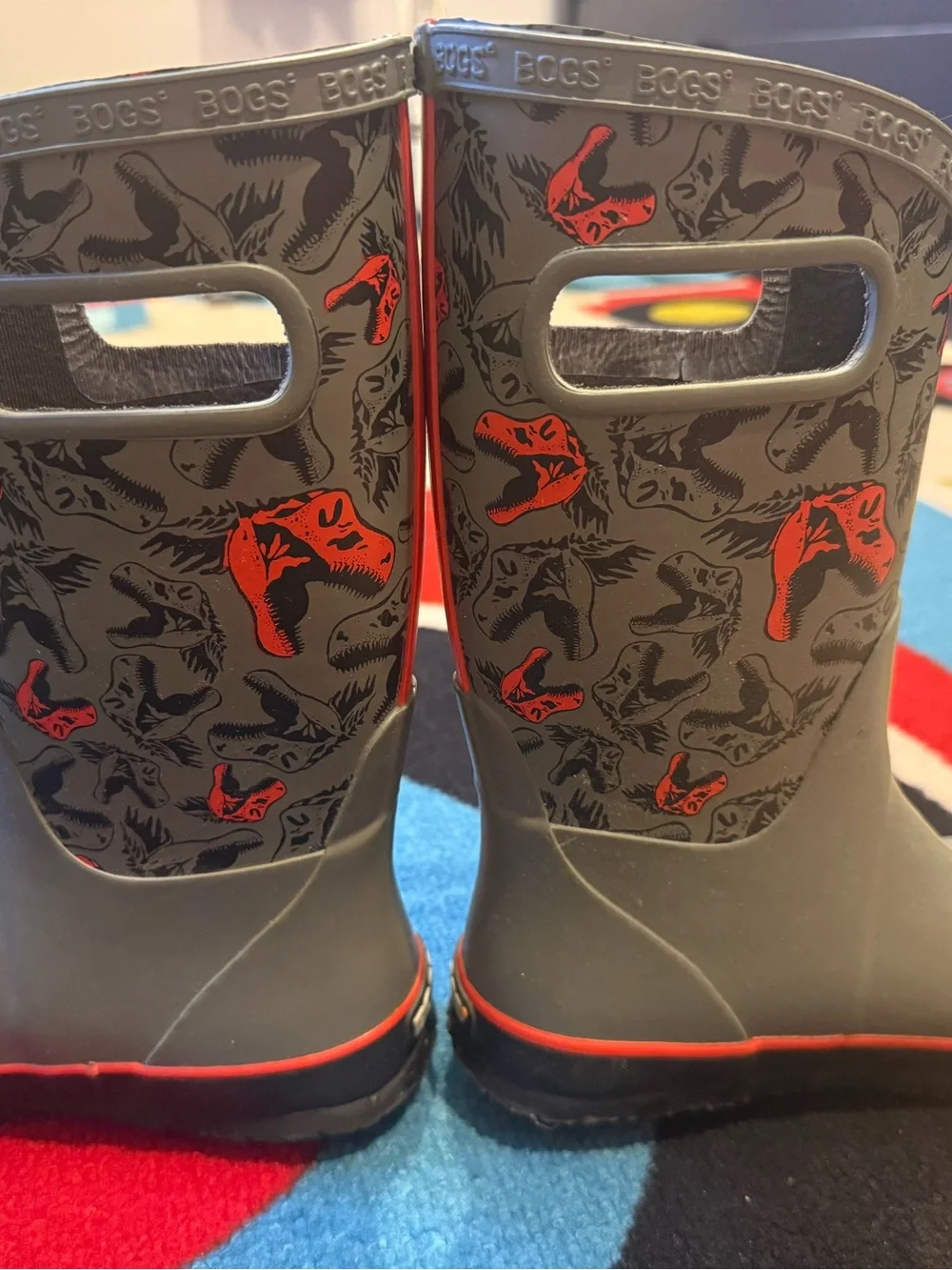 Bogs Kids Gray Rain Boots with Red Dino Accents